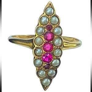 Art Deco 10K yellow gold 0.1ct Ruby Seed Pearl Navette ring ❤️
